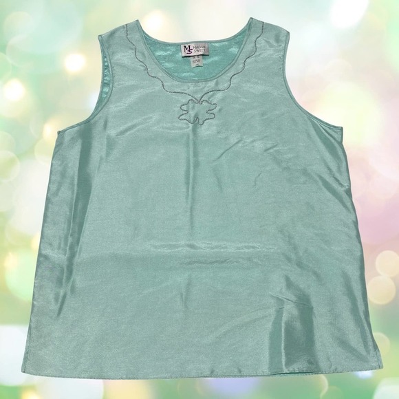 MAGGIE Sweet Turquoise Blue Sleeveless Embroidered Silky Blouse Large - Picture 11 of 11